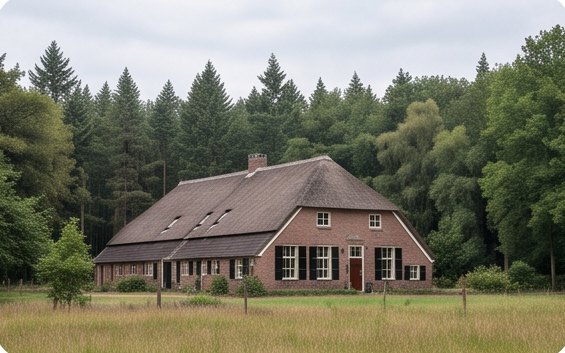 De boerderij achter het weiland, met het bos erachter