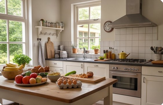 De keuken met fruit en brood op tafel