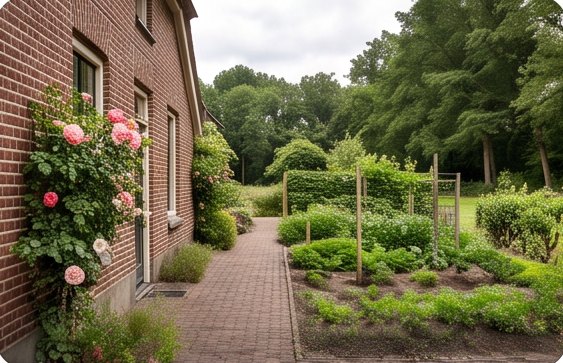Pad langs de moestuin met rozen tegen de muur