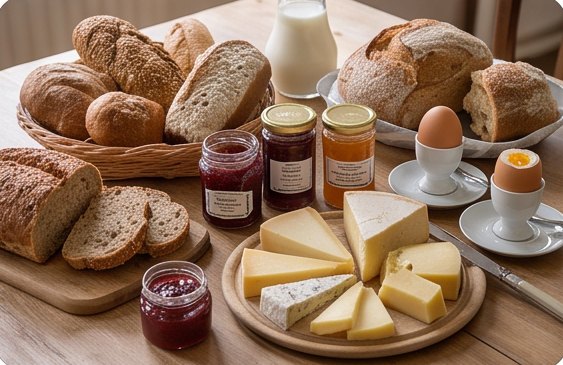 Ontbijttafel met brood, kaas, jam en gekookte eieren