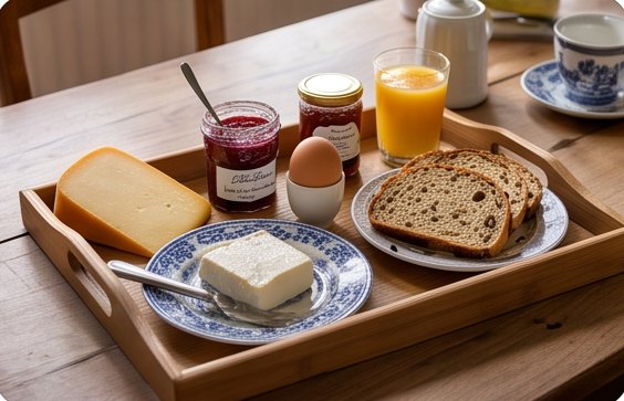 Ontbijtblad met kaas, brood en een gekookt ei