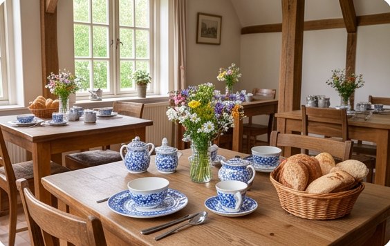 Gedekte ontbijttafel met Delfts blauw servies