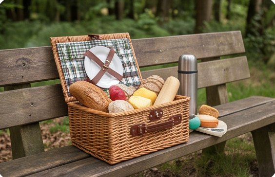 Picknickmand op een bank in het bos