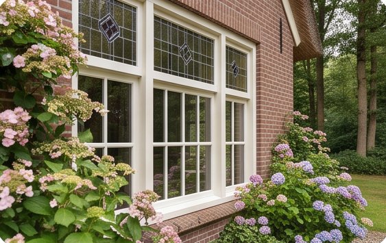 Glas-in-loodramen met hortensia's ervoor