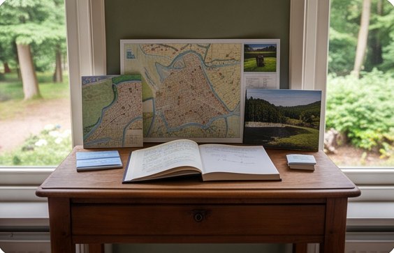 Schrijftafel met kaarten en gastenboek