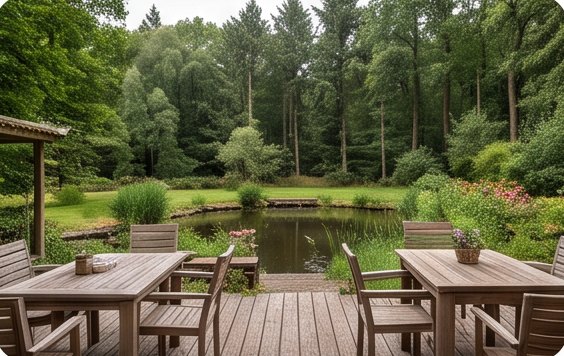 De vijver met terrastafels
