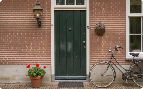 De groene voordeur met geranium en fiets