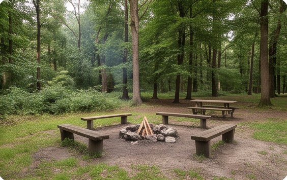 Vuurplaats met banken in het bos