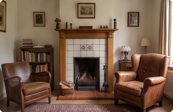 Zitkamer met tegelhaard en leren fauteuils
